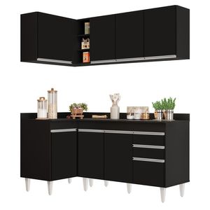 Armário De Cozinha Modulado De Canto Direito 4 Peças Cp38 Balcão Com Tampo Preto - Lumil