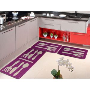 Jogo Tapete Cozinha Kit 3 Peças Classic Desenho Talheres Cor 25 Vinho