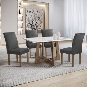 Mesa Arizona 120cm Com 4 Cadeiras Canela Tampo Smart Plus Com Vidro Chocolate-off White-cinza
