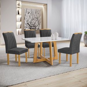 Mesa Arizona 120cm Com 4 Cadeiras Arizona Tampo Smart Plus Com Vidro Cinamomo-off White-cinza