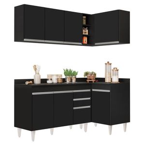 Armário De Cozinha Modulado De Canto Esquerdo 4 Peças Cp47 Balcão Com Tampo Preto - Lumil