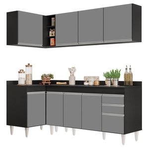 Armário De Cozinha Modulado De Canto Direito 4 Peças Cp41 Balcão Com Tampo Preto-cinza - Lumil