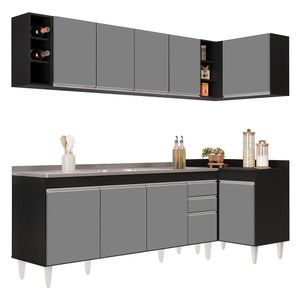 Armário De Cozinha Modulado De Canto Esquerdo 5 Peças Cp54 Com Pia Inox Preto-cinza - Lumil