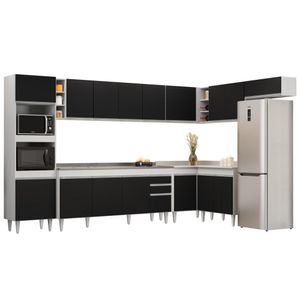 Armário De Cozinha Modulada De Canto 9 Peças Cp06 Balcão Com Pia Inox Branco-preto - Lumil