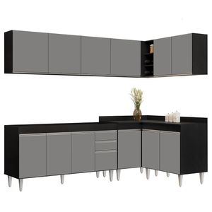 Armário De Cozinha Modulado De Canto 6 Peças Cp31 Balcão Sem Tampo Preto-cinza - Lumil