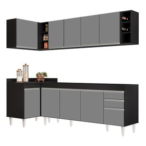 Armário De Cozinha Modulado De Canto Direito 5 Peças Cp43 Balcão Sem Tampo Preto-cinza - Lumil
