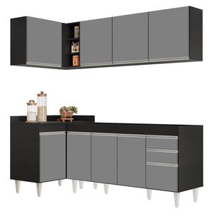 Armário De Cozinha Modulado De Canto Direito 4 Peças Cp40 Balcão Sem Tampo Preto-cinza - Lumil