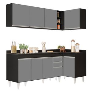 Armário De Cozinha Modulado De Canto Esquerdo 4 Peças Cp50 Balcão Com Tampo Preto-cinza - Lumil