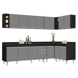 Armário De Cozinha Modulado De Canto 7 Peças Cp35 Balcão Com Tampo Preto-cinza - Lumil