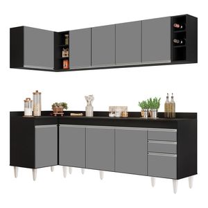 Armário De Cozinha Modulado De Canto Direito 5 Peças Cp44 Balcão Com Tampo Preto-cinza - Lumil