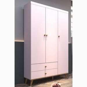 Guarda Roupa Infantil Retrô 3 Portas Com Gavetas Lígia Rosa Fosco Com Bétula Carolina Baby