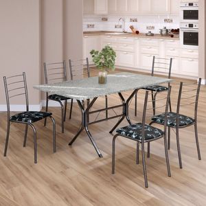 Conjunto Sala De Jantar Mesa Retangular 140x75cm Tampo Granito Topázio 6 Cadeiras Rio Preto Floral - Mart Prata