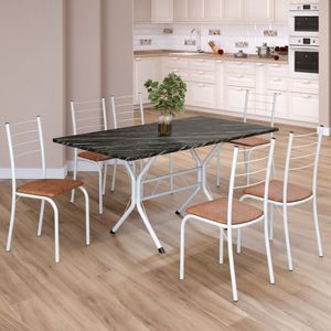 Conjunto Sala De Jantar Mesa Retangular 140x75cm Tampo Ardósia Indiana 6 Cadeiras Rio C. Marrom - Branco