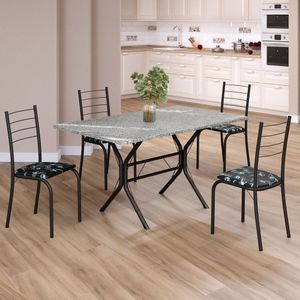 Conjunto Sala De Jantar Mesa Retangular 120x75cm Tampo Granito Topázio 4 Cadeiras Rio Preto Floral - Preto Fosco