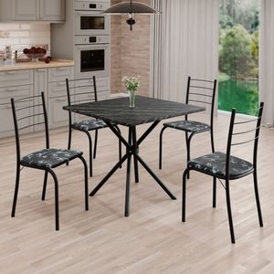 Conjunto Sala De Jantar Mesa Quadrada 70x70cm Tampo Ardósia Indiana 4 Cadeiras Rio Preto Floral - Preto Fosco