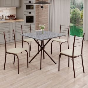 Conjunto Sala De Jantar Mesa Quadrada 70x70cm Tampo Granito Ocre 4 Cadeiras Rio Creme - Marrom