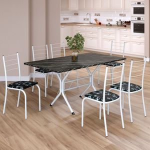 Conjunto Sala De Jantar Mesa Retangular 140x75cm Tampo Madeira Mdp Indiana 6 Cadeiras Rio Preto Floral - Branco
