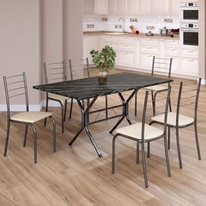 Conjunto Sala De Jantar Mesa Retangular 140x75cm Tampo Madeira Mdp Indiana 6 Cadeiras Rio Creme - Mart Prata
