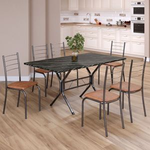 Conjunto Sala De Jantar Mesa Retangular 140x75cm Tampo Madeira Mdp Indiana 6 Cadeiras Rio C. Marrom - Mart Prata