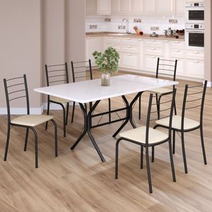 Conjunto Sala De Jantar Mesa Retangular 140x75cm Tampo Madeira Mdp 6 Cadeiras Rio Creme - Preto Fosco