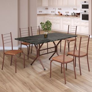 Conjunto Sala De Jantar Mesa Retangular 140x75cm Tampo Ardósia Indiana 6 Cadeiras Rio C. Marrom - Marrom
