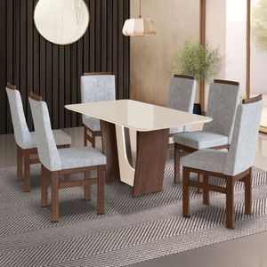 Conjunto Sala De Jantar Mesa 90x160cm T Vidro Com 6 Cadeiras Madeira Maciça Tecido Joli Tabaco-off White-cinza