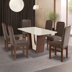 Conjunto Sala De Jantar Mesa 90x160cm T Vidro Com 6 Cadeiras Madeira Maciça Tecido Joli Tabaco-joli Marrom- Off White