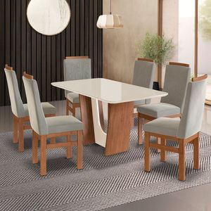 Conjunto Sala De Jantar Mesa 90x160cm T Vidro Com 6 Cadeiras Madeira Maciça Tecido Joli Canela-off White-creme