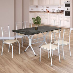 Conjunto Sala De Jantar Mesa Retangular 140x75cm Tampo Madeira Mdp Indiana 6 Cadeiras Rio Creme - Branco