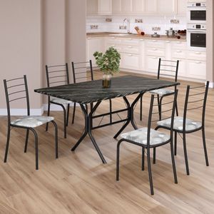 Conjunto Sala De Jantar Mesa Retangular 140x75cm Tampo Ardósia Indiana 6 Cadeiras Rio Paraopeba- Preto Fosco