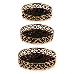 Conjunto Com 03 Bandejas Douradas De Metal Com Vidro Preto 11402 Mart