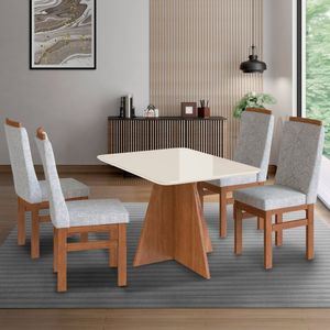 Conjunto Sala De Jantar Mesa 90x120cm Tampo Vidro Com 4 Cadeiras Madeira Maciça Canela-cinza-off White
