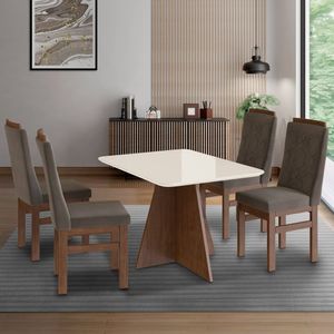 Conjunto Sala De Jantar Mesa 90x120cm T Vidro Com 4 Cadeiras Madeira Maciça Tabaco-marrom-off White