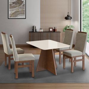 Conjunto Sala De Jantar Mesa 90x120cm T Vidro Com 4 Cadeiras Madeira Maciça Canela-off White-creme