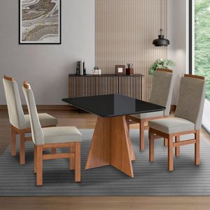 Conjunto Sala De Jantar Mesa 90x120cm Tampo De Vidro Com 4 Cadeiras Madeira Maciça Cenela-preto-creme