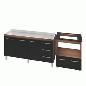 Armário Gabinete Balcão Para Pia 138 Cm Carina Com Balcão Para Cooktop 4 Bocas Forno Elétrico Preta