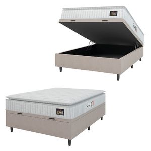 Cama Box Baú Colchão Casal Espuma D33 Vangogh Pillow Top 138x188x70cm Branco-Bege Hellen Suporta até 120kg por Pessoa