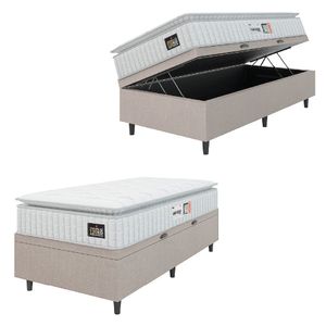 Cama Box Baú Colchão Solteiro Espuma D33 Vangogh Pillow Top 88x188x70cm Branco-Bege Hellen Suporta até 120kg por Pessoa