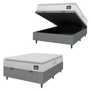 Cama Box Baú Colchão Casal Espuma D45 Lazio Pillow Top 138x188x70cm Branco-Cinza Hellen Suporta até 120kg por Pessoa