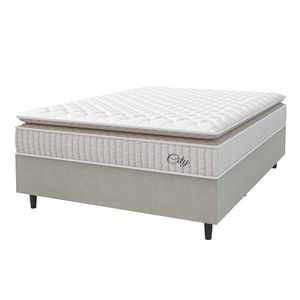 Cama Box Colchão Casal Molas Ensacadas City Pillow Top 138x188x61cm Branco-Bege Hellen Suporta até 110kg por Pessoa