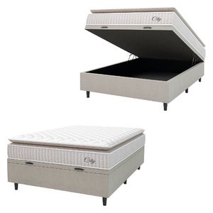 Cama Box Baú Colchão Casal Molas Ensacadas City Pillow Top 138x188x64cm Branco-Bege Hellen Suporta até 110kg por Pessoa