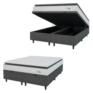 Cama Box Baú Colchão Casal Queen Molas Ensacadas City Pillow Top 158x198x64cm Branco-Preto Hellen Suporta até 110kg por Pessoa