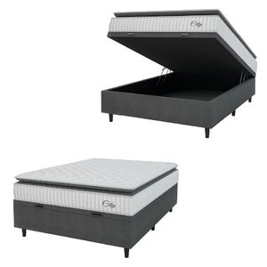 Cama Box Baú Colchão Casal Molas Ensacadas City Pillow Top 138x188x64cm Branco-Preto Hellen Suporta até 110kg por Pessoa