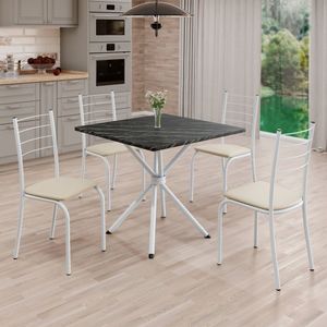 Conjunto Sala De Jantar Mesa Quadrada 70x70cm Tampo Ardósia Indiana 4 Cadeiras Rio Creme / Branco