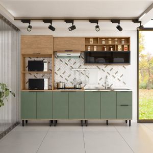 Cozinha Modulada Toscana 5 Peças Em Mdf Com Aéreo 1200 Porta De Vidro Basculante E Torre Quente 2 Fo Freijó/jade