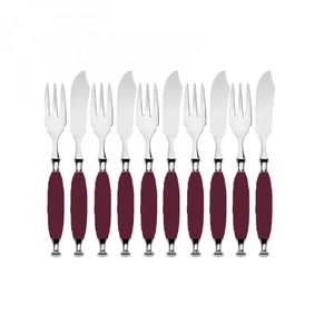 Kit Garfo E Faca Peixe Cozinha 10 Pçs Bordô Country Bugatti