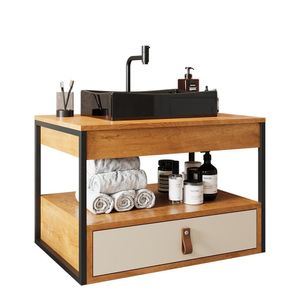 Gabinete Para Banheiro 1 Gaveta E Cuba Preta Preto-canela-off White Preto-canela-off White