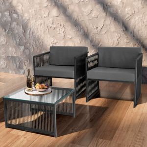 Conjunto De 2 Poltronas E Mesa De Centro Quadrada Com Tampo Preto-cinza