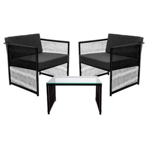 Conjunto De 2 Poltronas Em Fibra Sintética E Mesa De Centro Preto-cinza