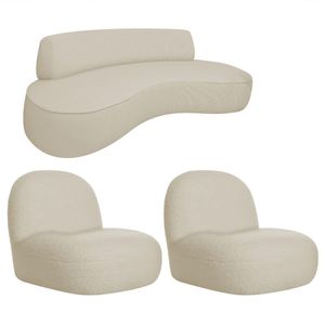 Sofá Curvo 200cm 3 Lugares E 2 Poltrona Amsterdã Bouclé - Doce Sonho Móveis Cor Bege